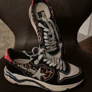 Golden Goose Black and Leopard Running Sneakers with Silver Laces